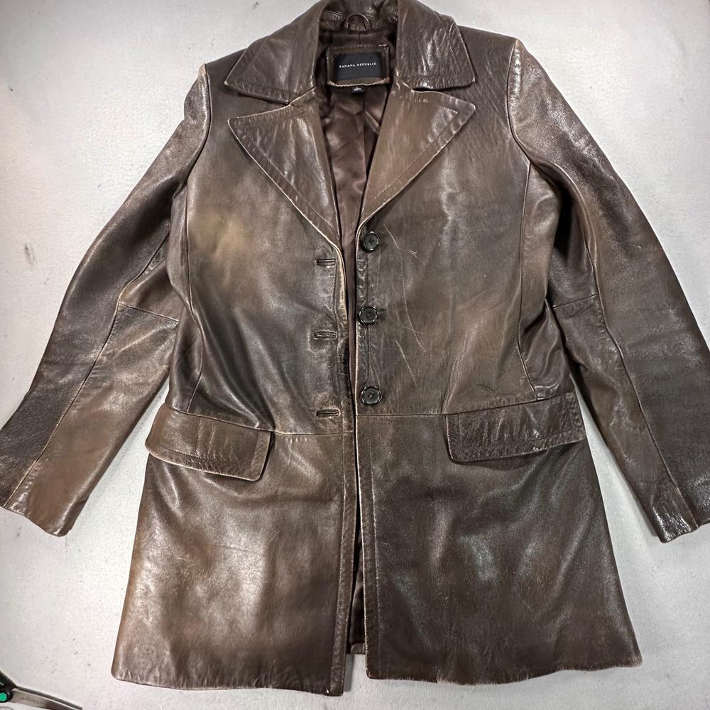 Vintage Banana Republic Fall 2003 Leather Car Coat Jacket Brown Large Y2K